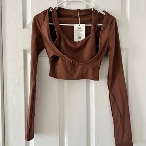 Brown Long Sleeve Workout Crop Top